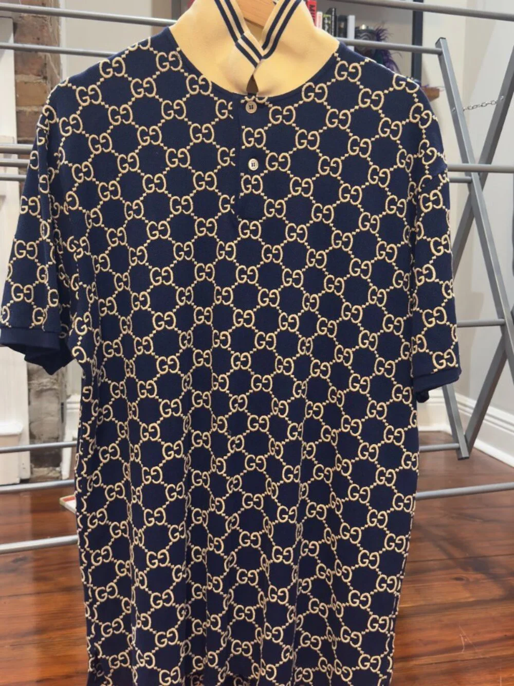 Gucci GG Monogram Jacquard Polo Shirt Navy Ivory Size Large Made in Italy